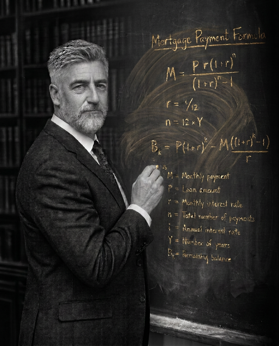 Professor writing mortgage equations on a chalkboard